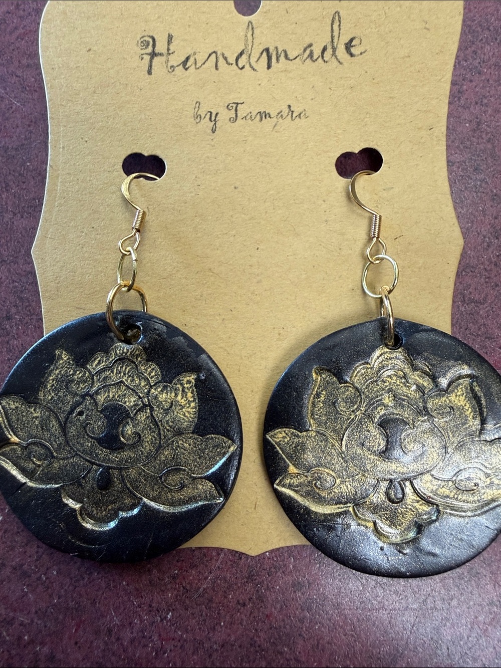 Handmade Black and Gold Floral Round Dangle Earrings by